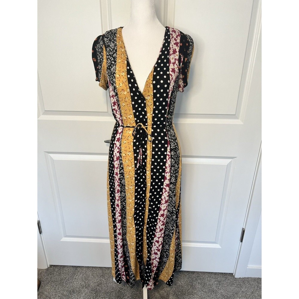 Multi Print Button Front Tie Waist Maxi Dress Small Slit Short Sleeves